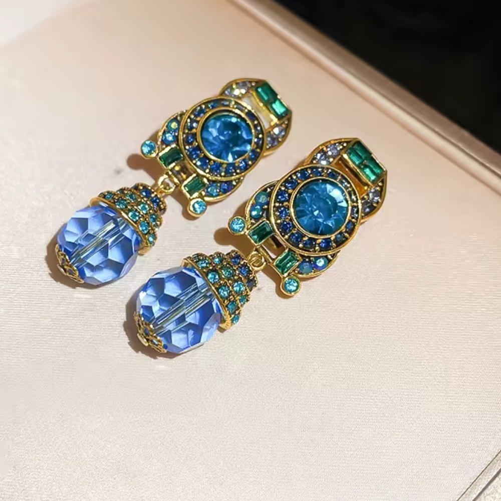 Vintage gold color colourful Blue and Green Crystal Earrings